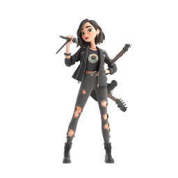 女性ロックミュージシャン 3Dアイコン(ギターとマイク付き)