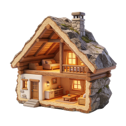 Rustic Cabin Cross-Section 3D Icon | Cozy Mountain Home