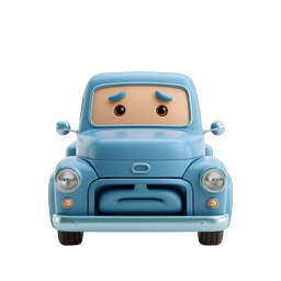 Sad Cute Blue Car Icon - 3D Clay Style Cartoon Vehicle