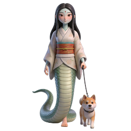 3D-Icon: Schlangenfrau Yokai mit Shiba Inu