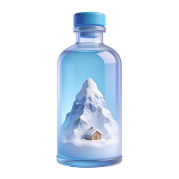 Icono 3D de botella nevada escena invernal – botella de vidrio con cabaña de montaña