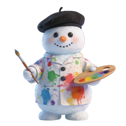 Ícone de personagem 3D de um adorável boneco de neve pintor com paleta