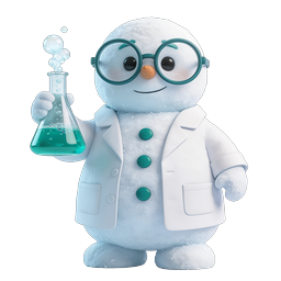 Süßes Schneemann-Wissenschaftler-Icon mit Chemiekolben