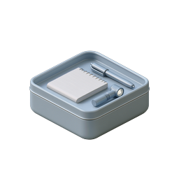 Icono de caja de lata de papelería - Bloc de notas, bolígrafo y linterna