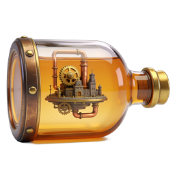 Steampunk Glass Bottle Icon with Mechanical Castle