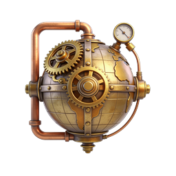 Steampunk Globe Icon with Brass Gears & Copper Pipes