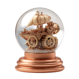 Steampunk Ship Snow Globe Icon - Golden Mechanical Vessel
