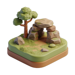 ไอคอนธรรมชาติไดโอรามาต้นไม้และซุ้มหิน - สไตล์ดินปั้น 3D