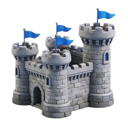 Icono de castillo de piedra 3D con banderas azules | Fortaleza medieval