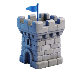 Icono 3D de torre de castillo de piedra con bandera azul