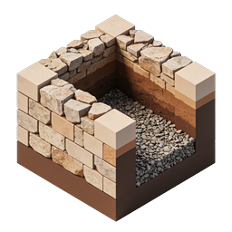 3D-Illustration eines Steinfundament-Querschnitts