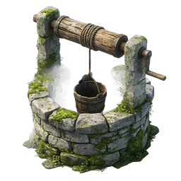 Stone Wishing Well 3D Icon with Wooden Bucket and Moss