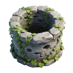 3D-Icon eines Stein-Wunschbrunnens mit Efeu