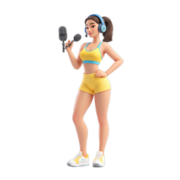 Energetic Female Sports Icon with Microphone