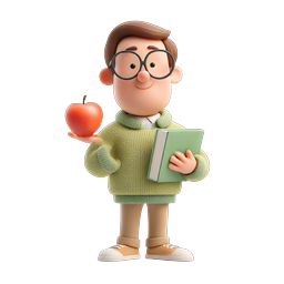 Friendly Student Teacher Character with Apple and Book Icon