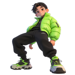 Stylish 3D Boy Character in Neon Green Puffer Jacket