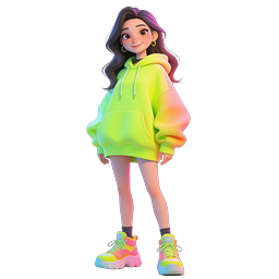Stylish 3D Girl Character in Neon Hoodie - Trendy Avatar
