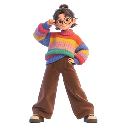 Icône stylée de personnage 3D étudiant en pull arc-en-ciel