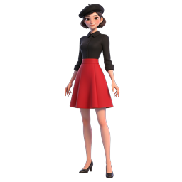 Icône femme 3D stylée avec béret et jupe rouge