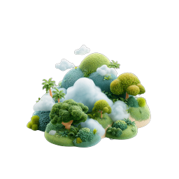 ふわふわの木々と雲があるスタイリッシュな 3D 森の島