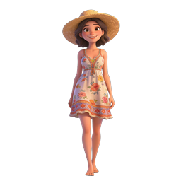 Summer Girl Character with Straw Hat and Floral Dress