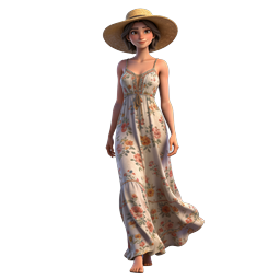 Icono chica de verano en vestido floral y sombrero de paja