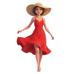 Summer Girl in Red Dress and Straw Hat - 3D Character