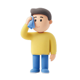 Icona personaggio 3D di un ragazzo sudato che si pulisce il viso
