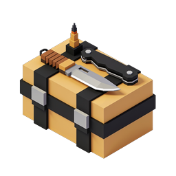 Icono isométrico de caja de suministros tácticos con cuchillo y dinamita