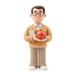 3D Teacher Character Icon with Apple and Book