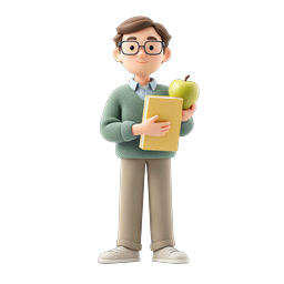Friendly Teacher Student Character 3D Icon with Book and Apple