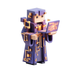 Personnage Voxel Tech Mage avec icône d'ordinateur portable à circuits