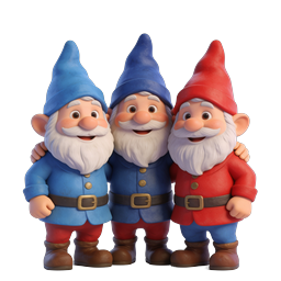 Three Friendly Gnomes 3D Icon - Whimsical Garden Characters