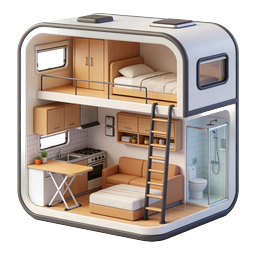 Icona 3D in sezione trasversale di interno tiny house moderna