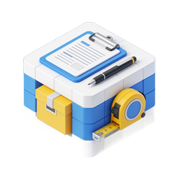 3D-Werkzeugkasten-Icon mit Maßband und Klemmbrett