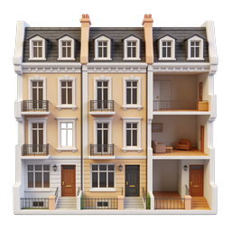 3D Townhouse Building Icon with Interior View