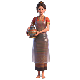 Traditional Asian Woman 3D Character Icon with Ornate Vessel