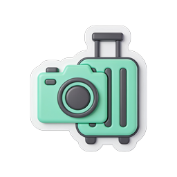 3D-иконка чемодана и фотоаппарата для туризма и фотографии