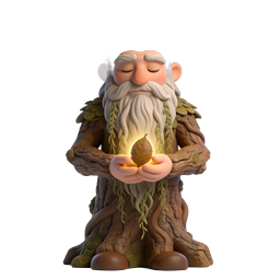 Whimsical Tree Spirit Character with Glowing Magical Leaf