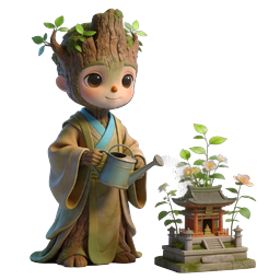 Tree Spirit Character Watering Miniature Pagoda Temple