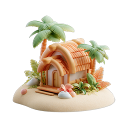 Icono de cabaña de playa tropical - Escena paradisíaca estilo arcilla 3D