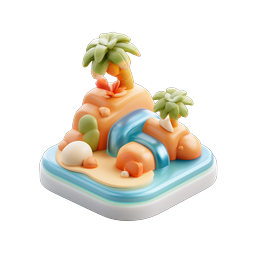 Tropical Island 3D Icon - Paradise Diorama with Waterfall