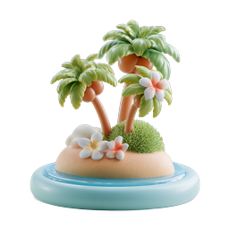 Tropical Island 3D Icon with Palm Trees and Flowers