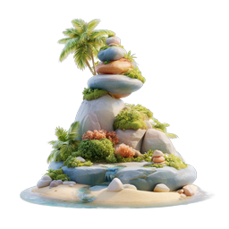 Icona 3D Paradiso Isola Tropicale con Palma e Cascata