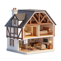 Tudor Dollhouse Cross-Section 3D House Icon