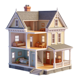 Victorian Dollhouse 3D Icon - Cutaway House Illustration