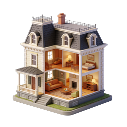 Victorian Dollhouse Isometric 3D Icon with Interior View