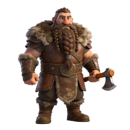 Personaje de guerrero vikingo 3D con barba trenzada y hacha