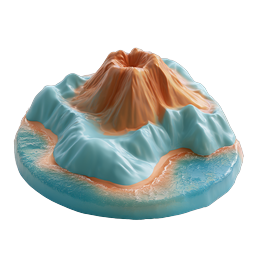 Realistic 3D Volcanic Island Icon with Ocean Base