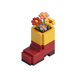 Isometric Voxel Boot Planter with Pixel Flowers Icon